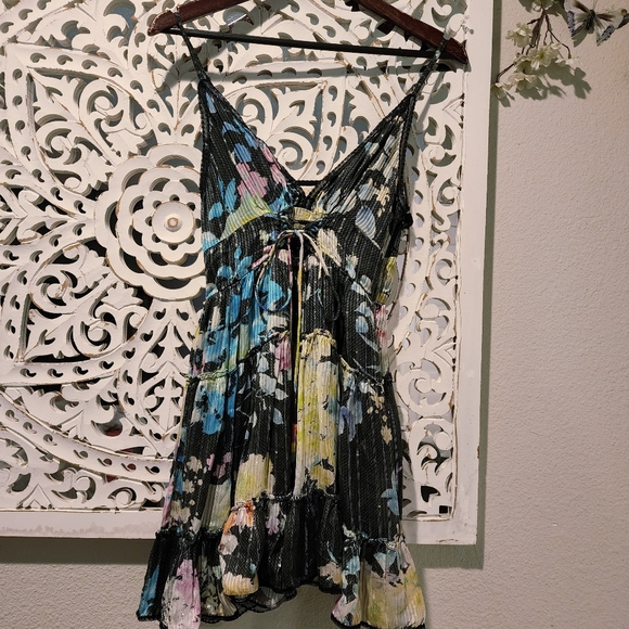 ROCOCO SAND SILK FLORAL TIERED MINI DRESS ADJUSTABLE STRAPS WOMENS MEDIUM - Picture 10 of 16